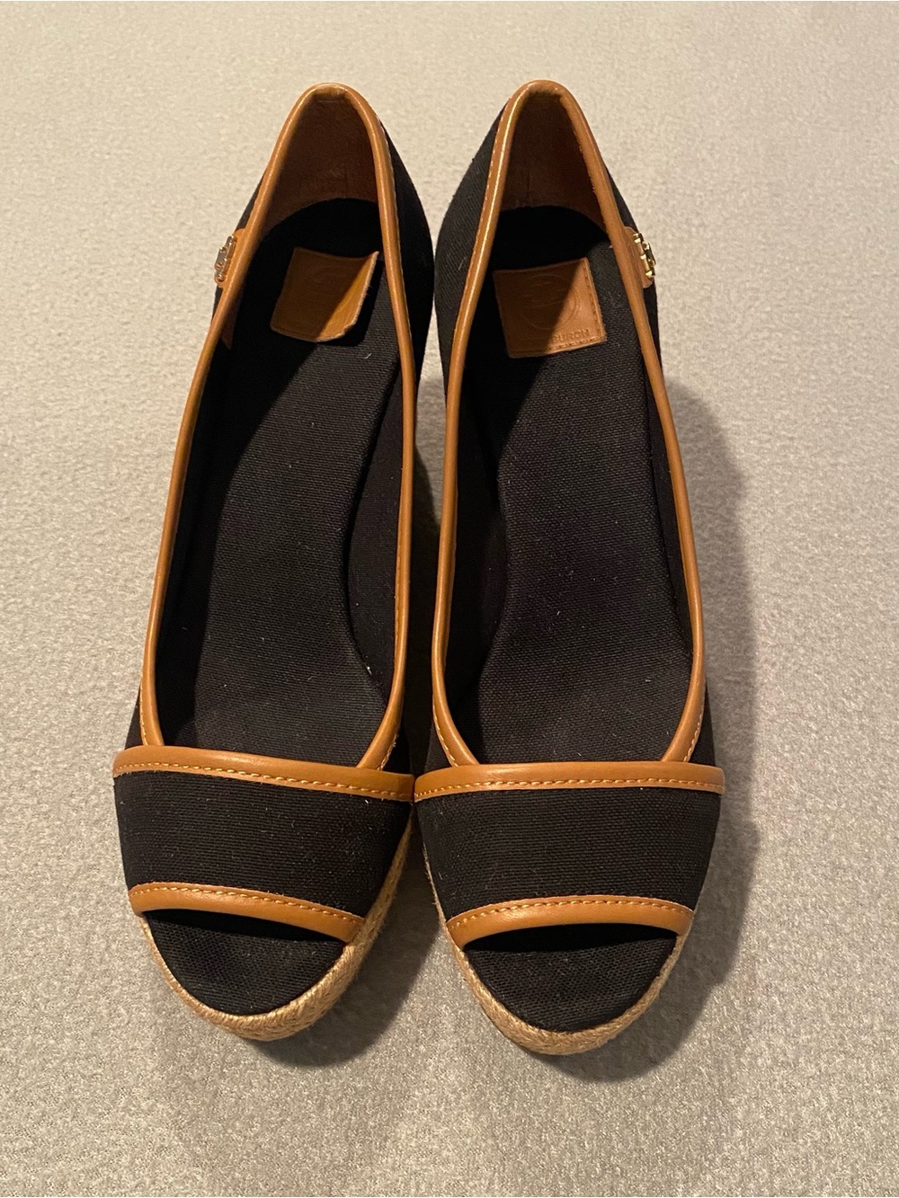 Tory Burch Majorca Peep-toe Wedge Espadrille Sandals in Black Canvas Size 37